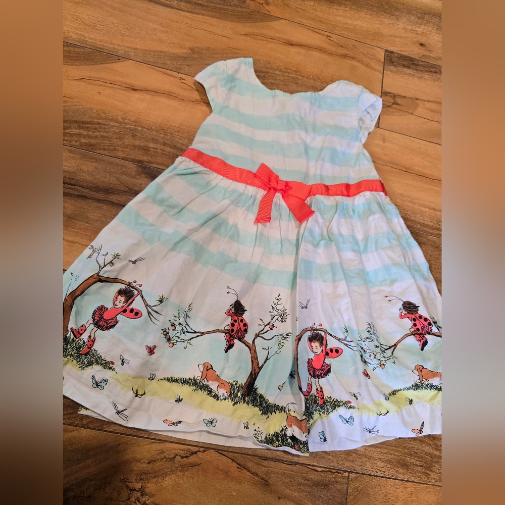Striped Dress with Ladybug Print and Coral Bow